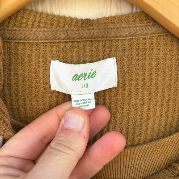 Aerie Cozy Waffle Hoodie Women's Large Tree Line Brown Oversized Boxy Winter - Picture 3 of 8